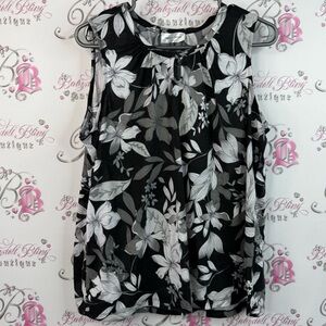 French twist tank top floral keyhole flowers Monochrome Floral Sleeveless Blouse